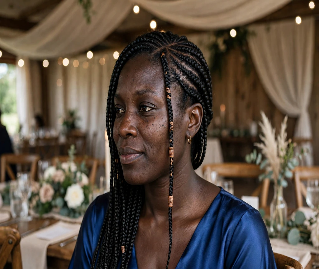 Black woman with a center accent braid lemonade style at a wedding reception