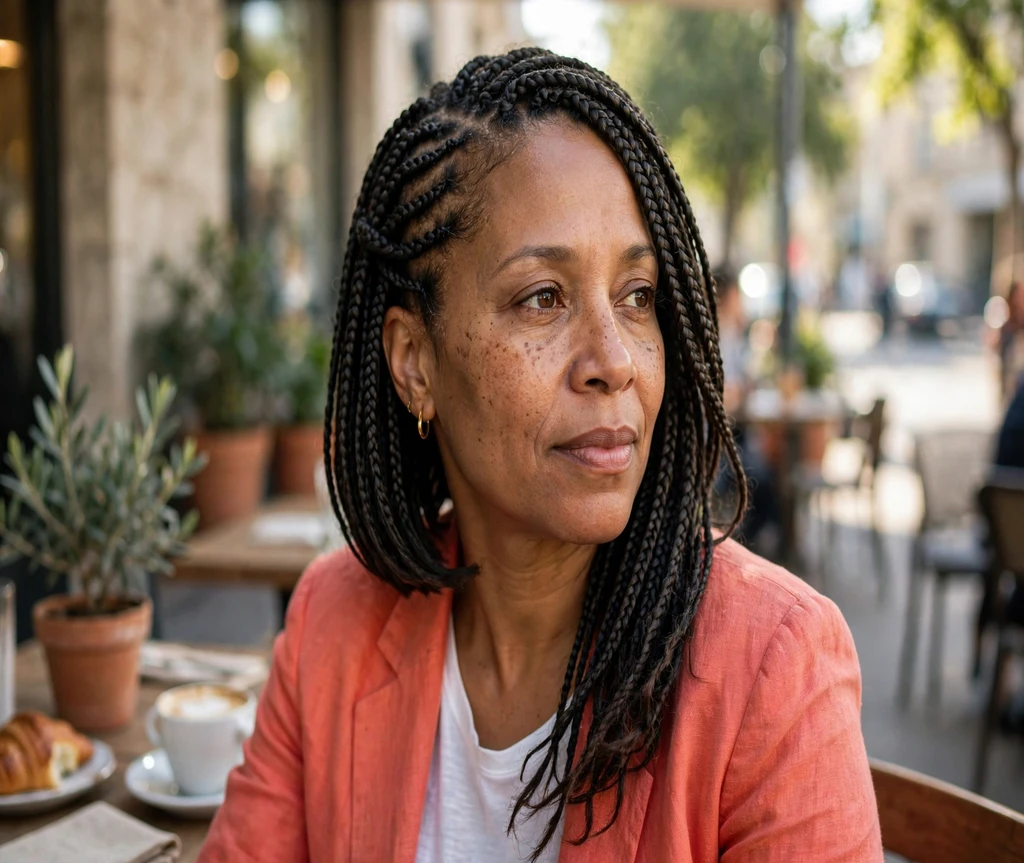 Black woman with shoulder-length lemonade braids at a cafe patio