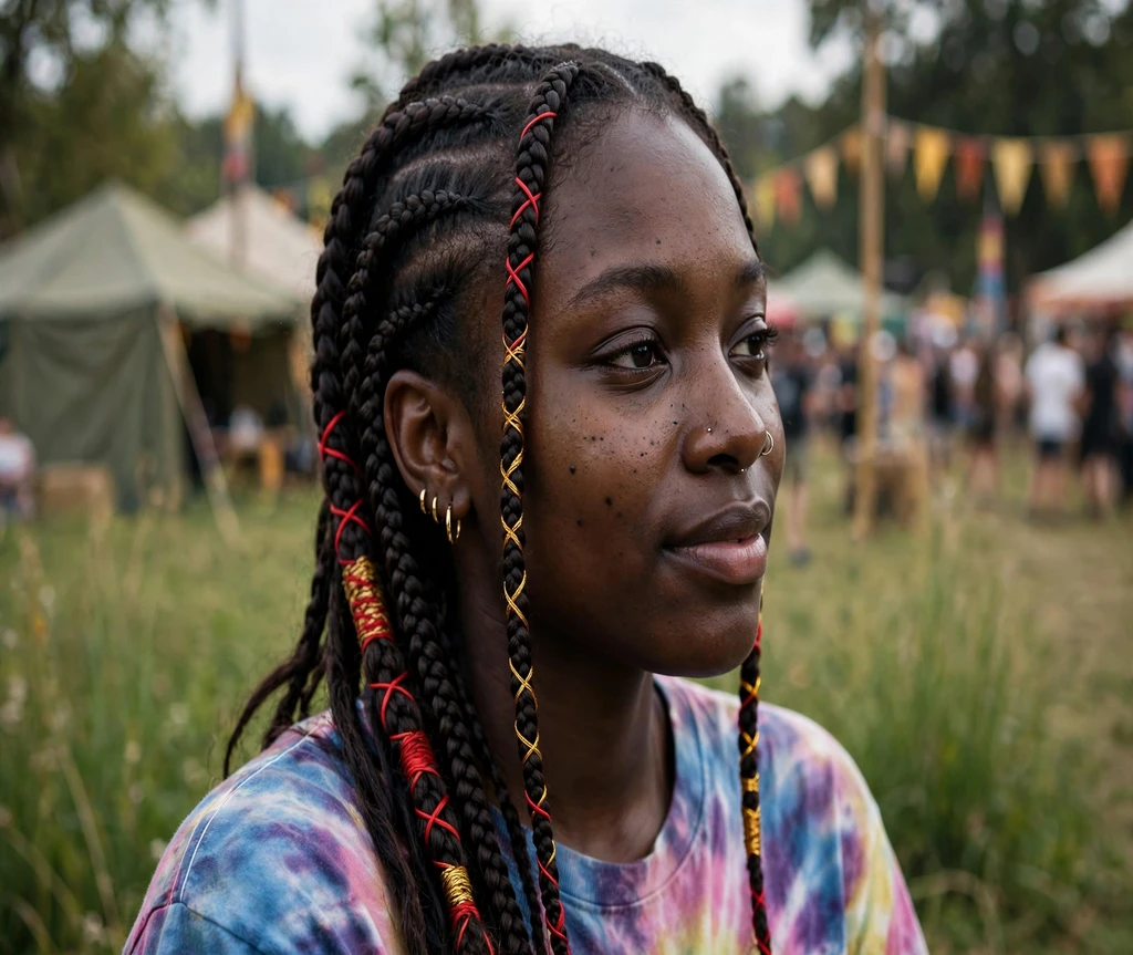 Black woman with colorful wrapped lemonade braids at a music festival