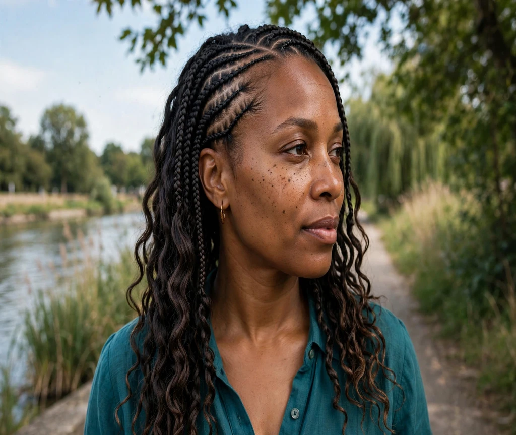 Black woman with passion-twist end lemonade braids on a riverside walk