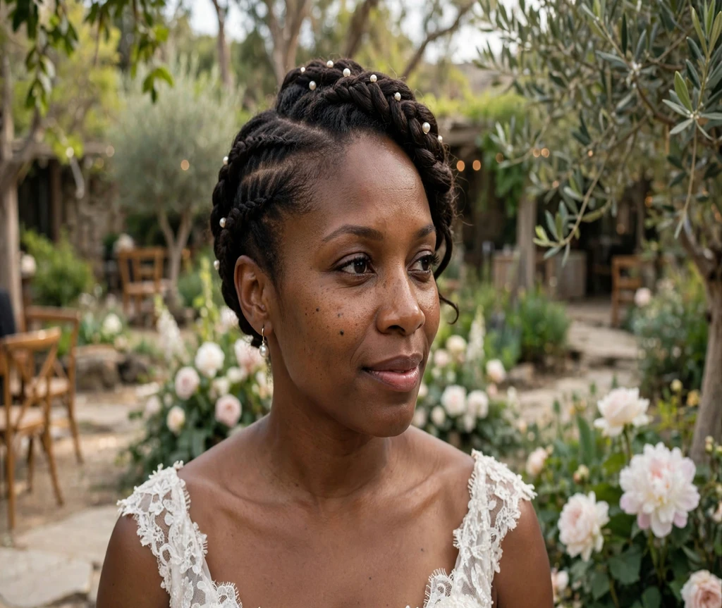 Black woman with elegant wedding lemonade braids in a garden venue