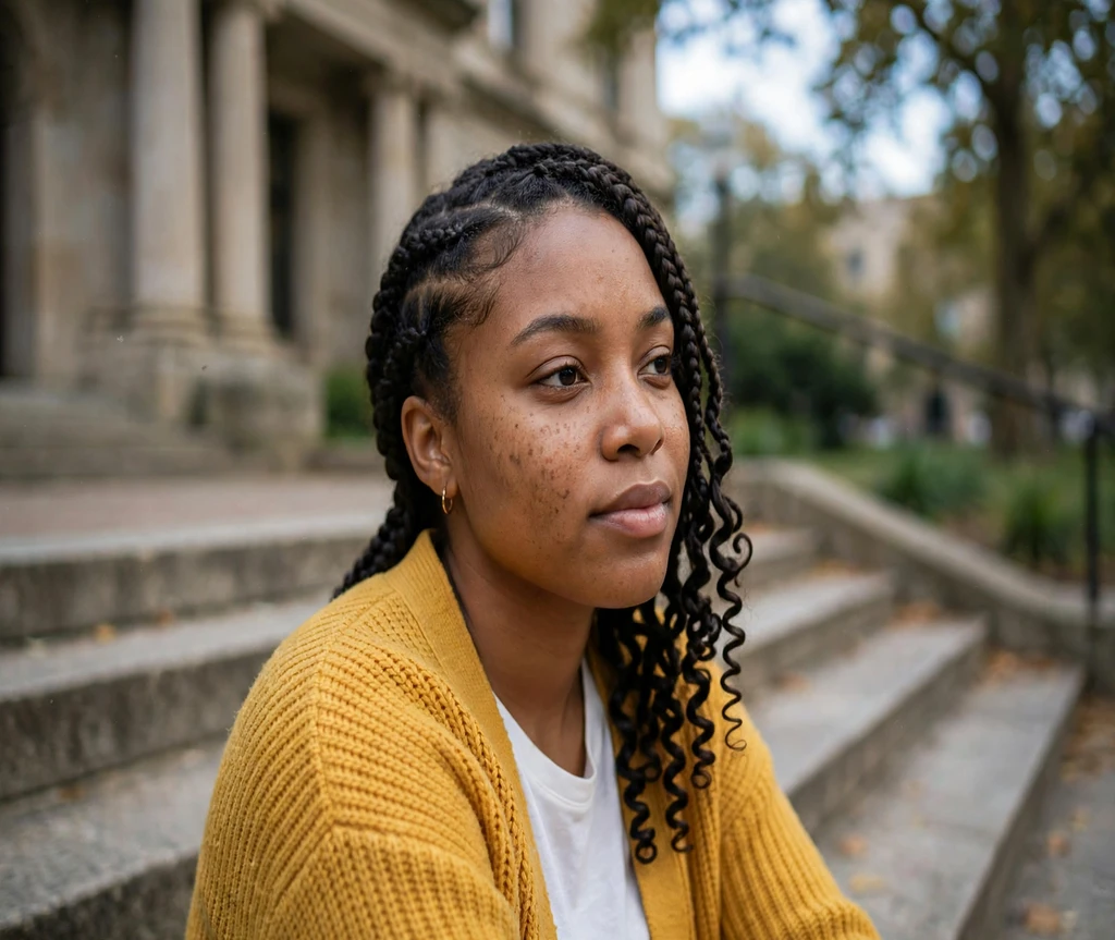 Black woman with spiral curly tip lemonade braids on library steps