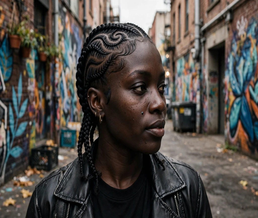 Black woman with freestyle pattern lemonade braids near street art