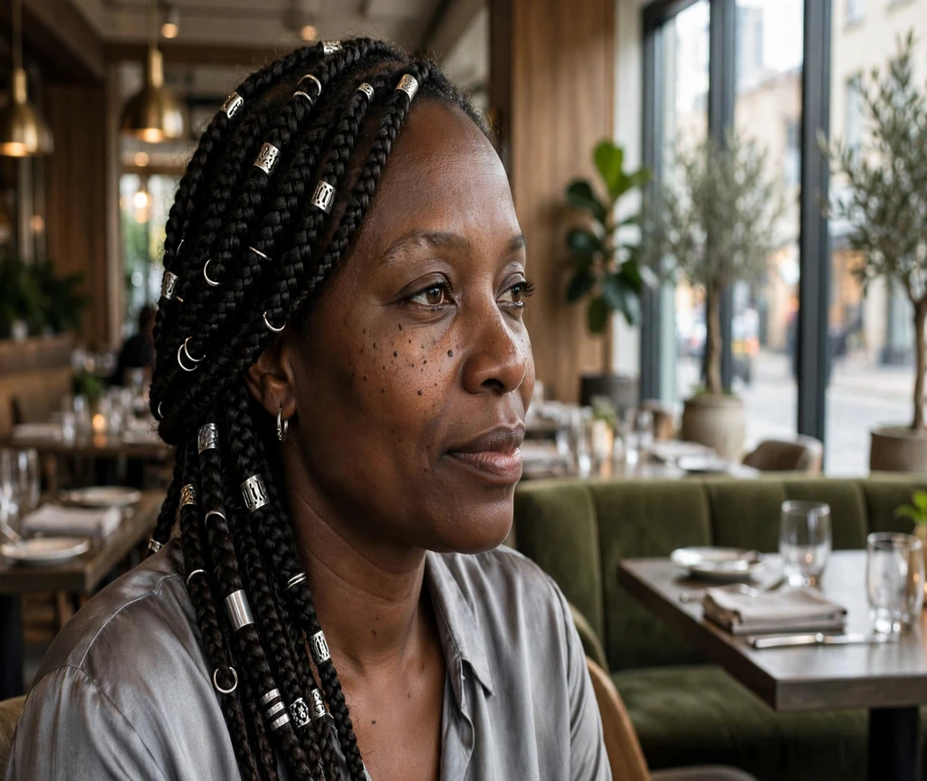 Black woman with silver cuffs on lemonade braids at a restaurant