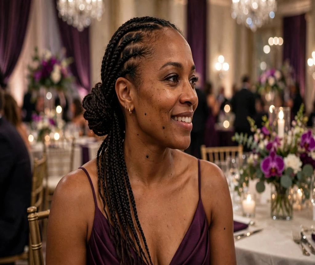 Black woman with lemonade braids in a low side bun at a gala