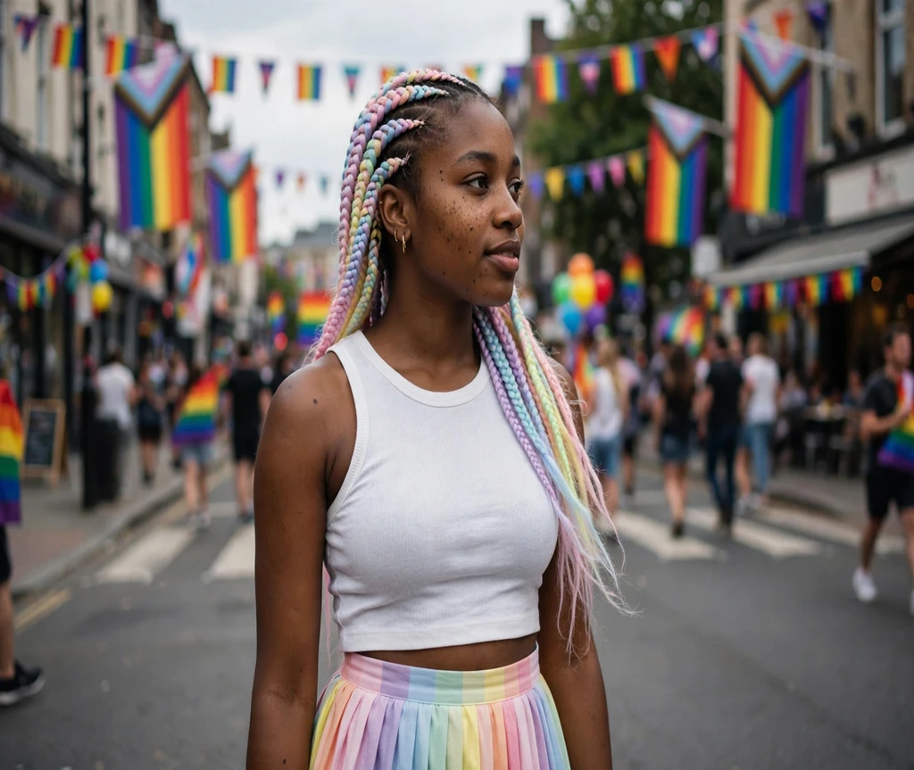 Black woman with rainbow lemonade braids on a parade street