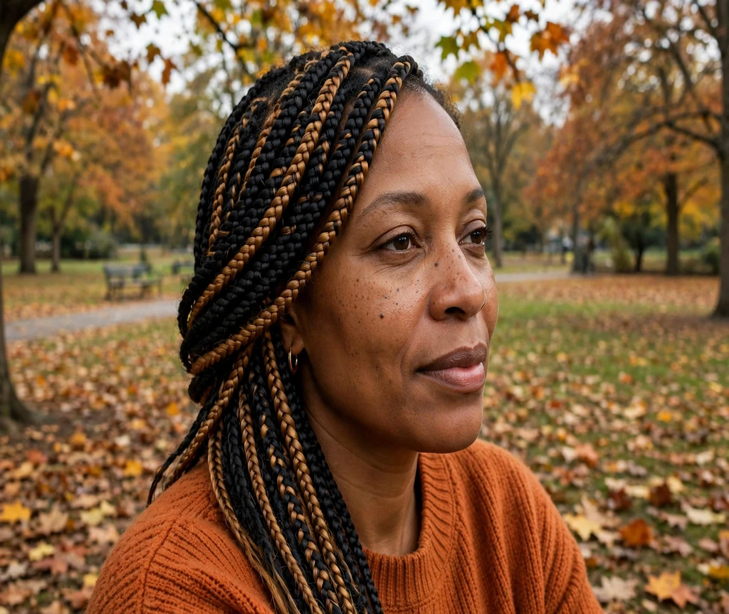 Black woman with caramel highlight lemonade braids in an autumn park
