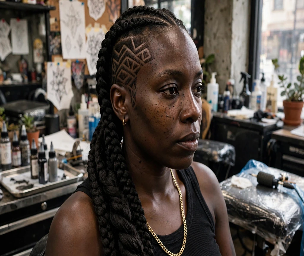 Black woman with lemonade braids and a shaved side design at a studio