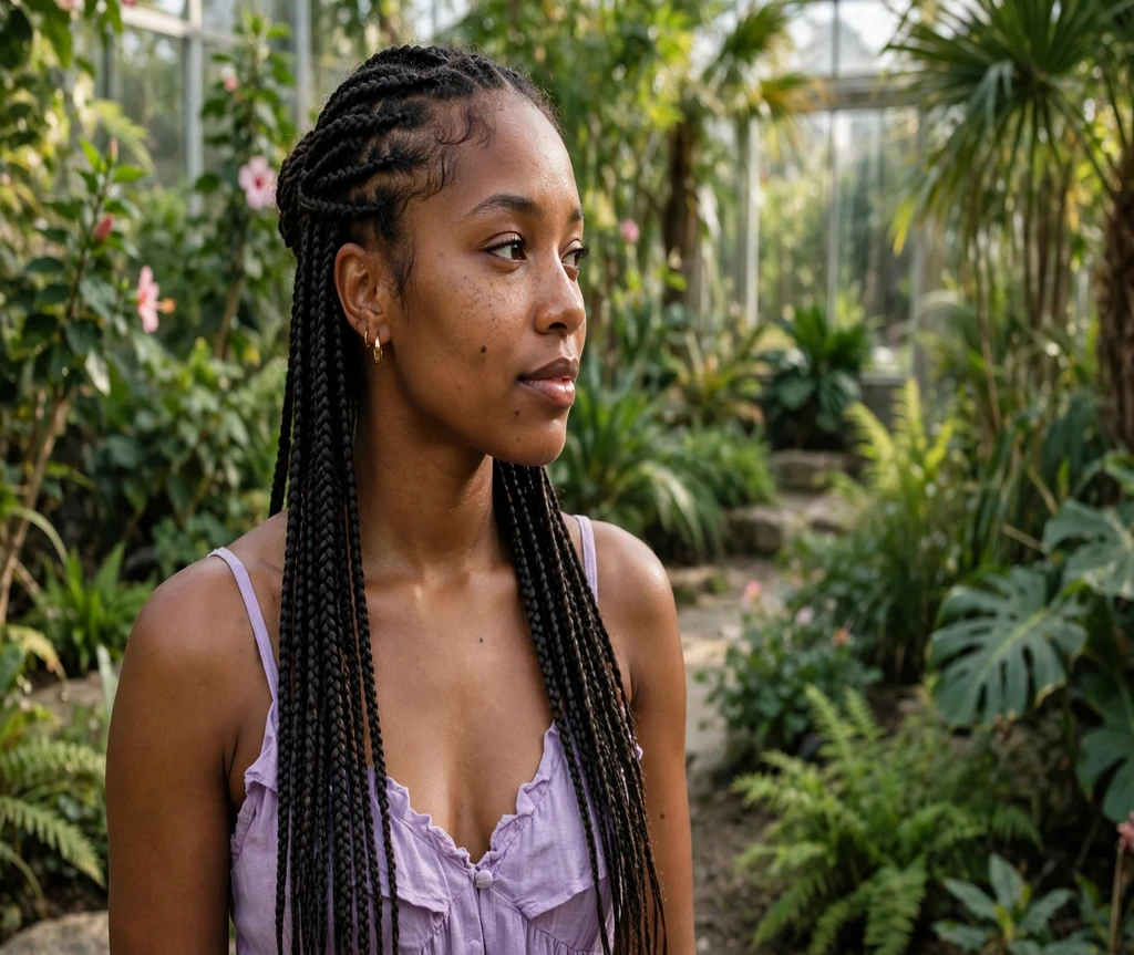 Black woman with knotless lemonade braids in a botanical garden