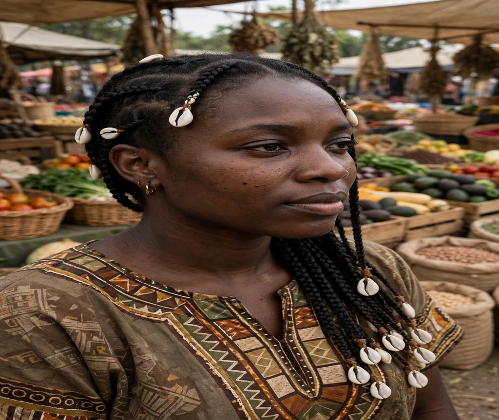 Black woman with cowrie shells on lemonade braids at an outdoor market