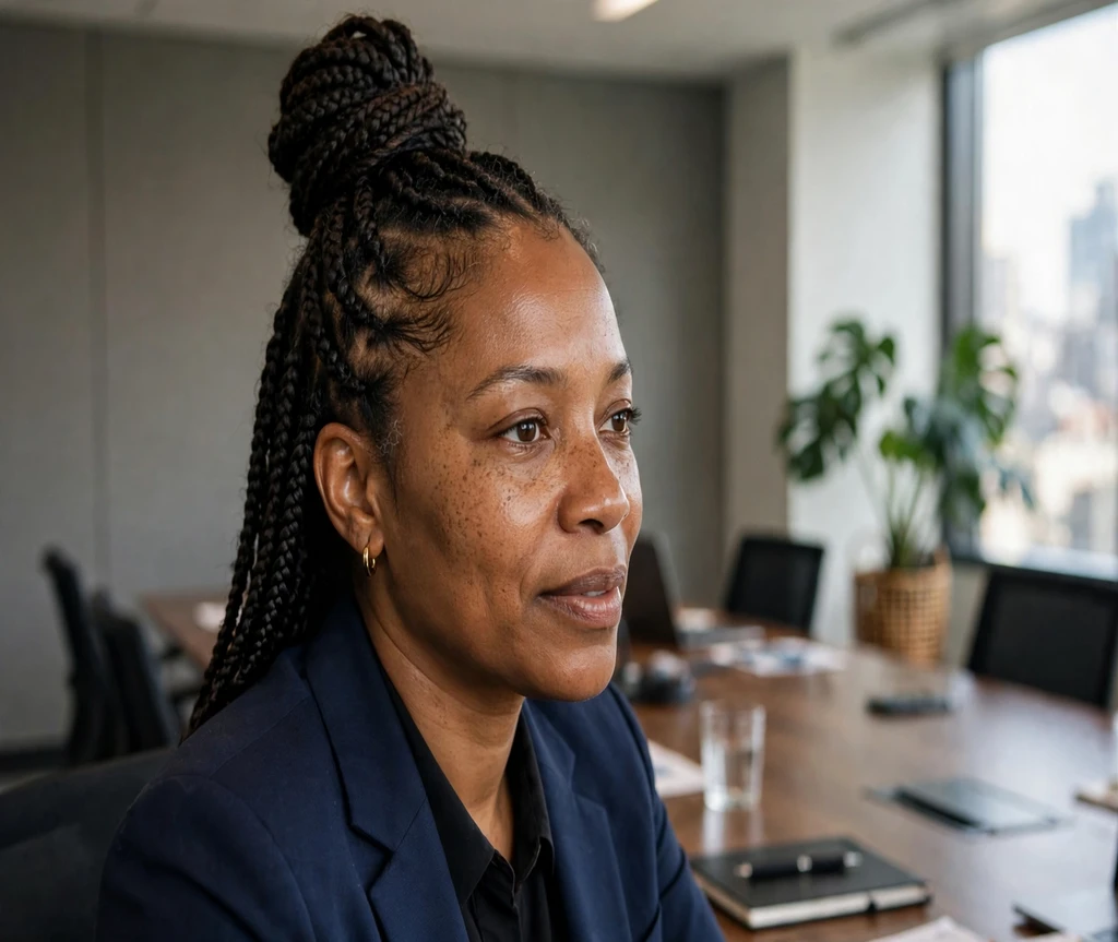 Black woman with lemonade braids in a top knot bun in a conference room