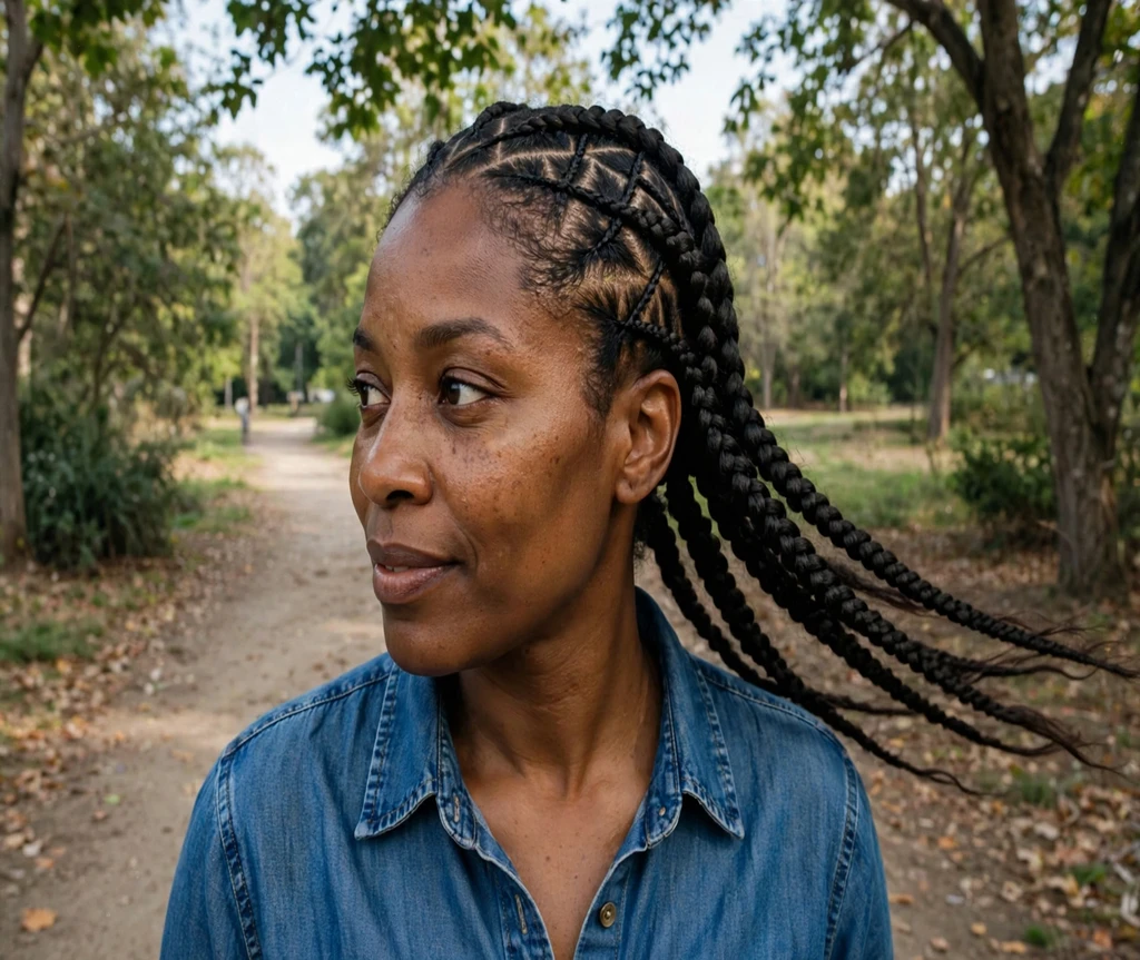 Black woman with crisscross-part lemonade braids on a park trail