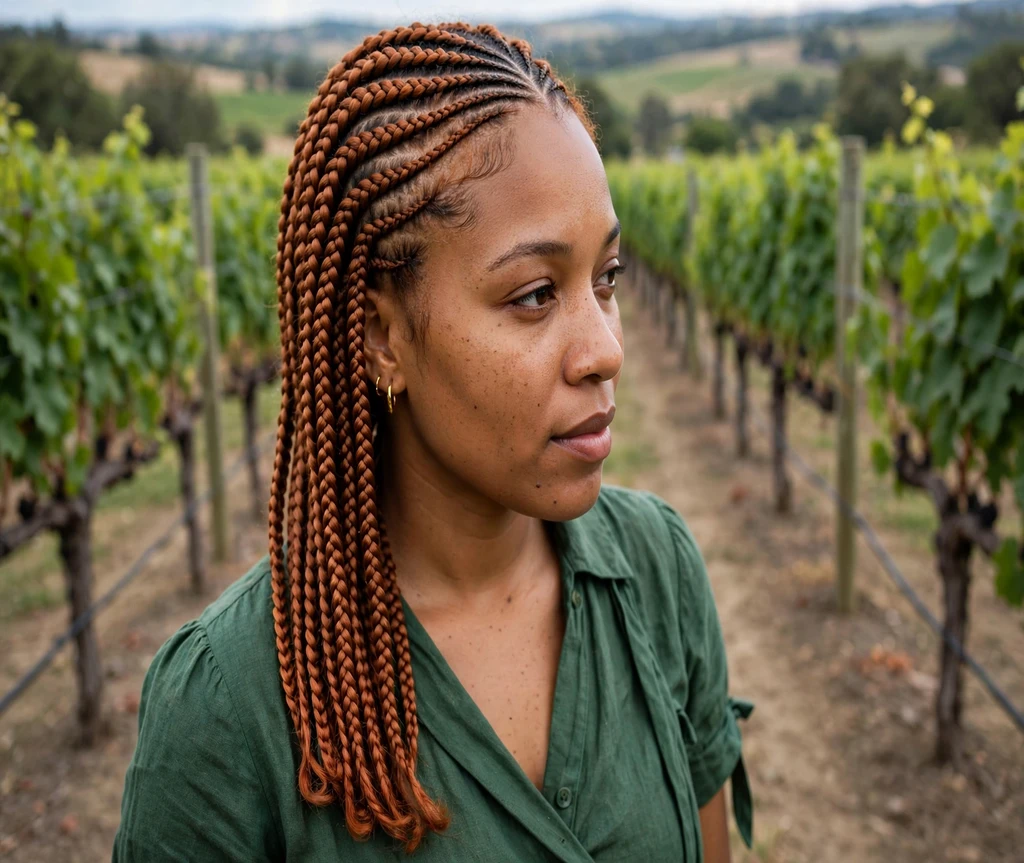 Black woman with copper lemonade braids in a vineyard