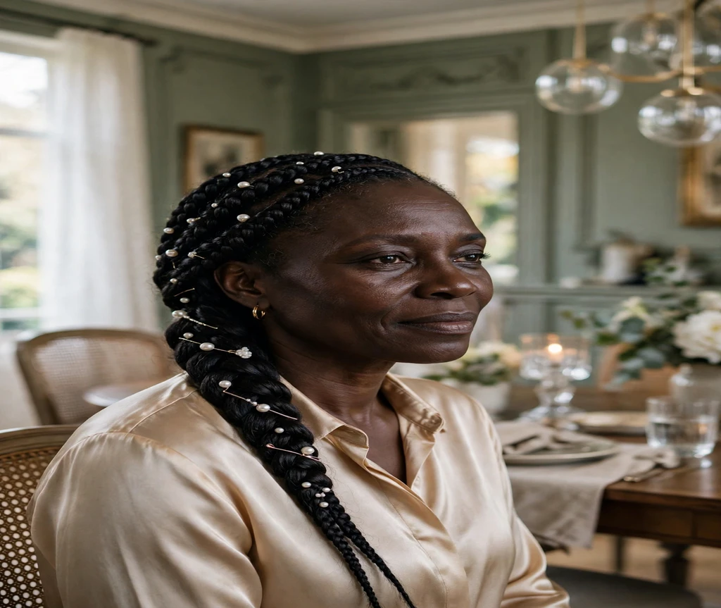 Black woman with pearl accessories on lemonade braids in a dining room