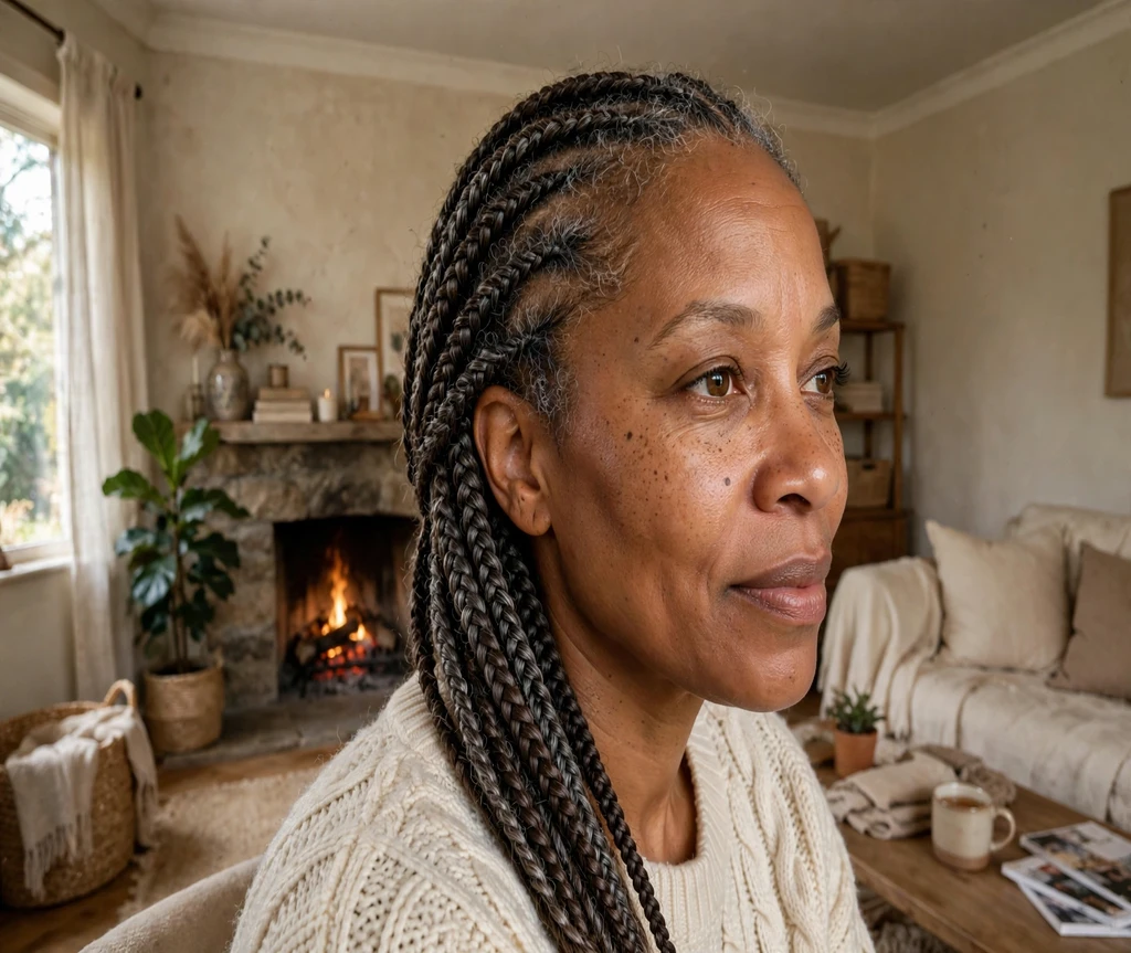Black woman over 40 with elegant lemonade braids in a cozy living room