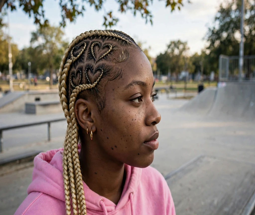 Black woman with heart-shaped part lemonade braids at a skate park