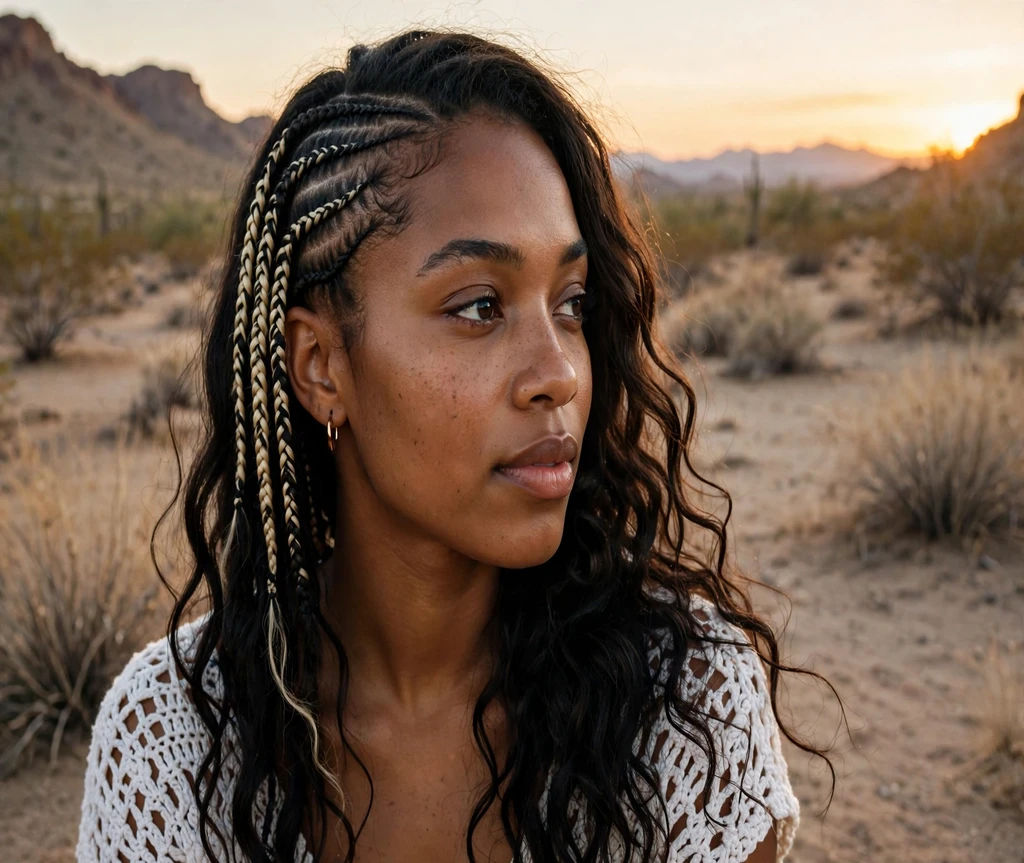 Black woman with boho wavy lemonade braids in a desert sunset