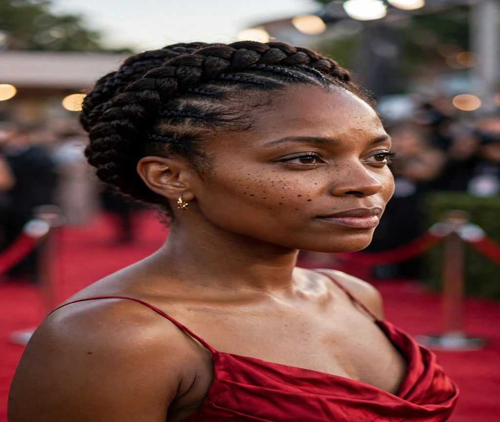 Black woman with a lemonade braid crown updo at an event