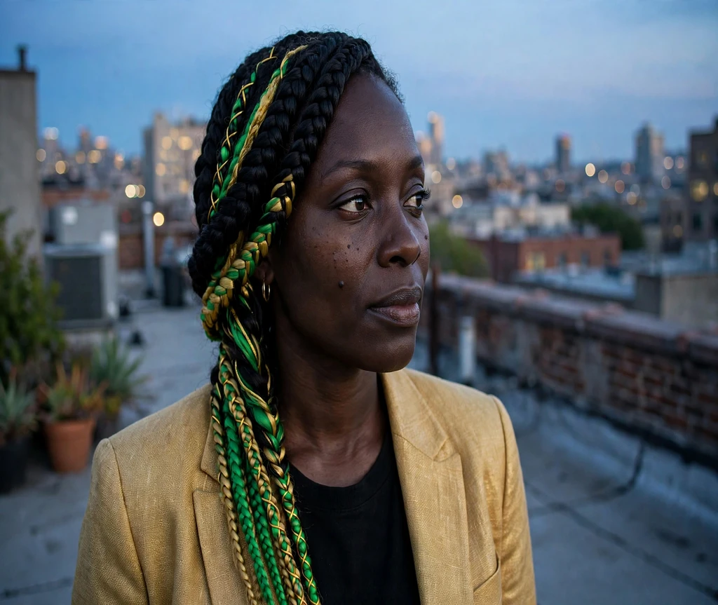 Black woman with green and gold streak lemonade braids on a rooftop