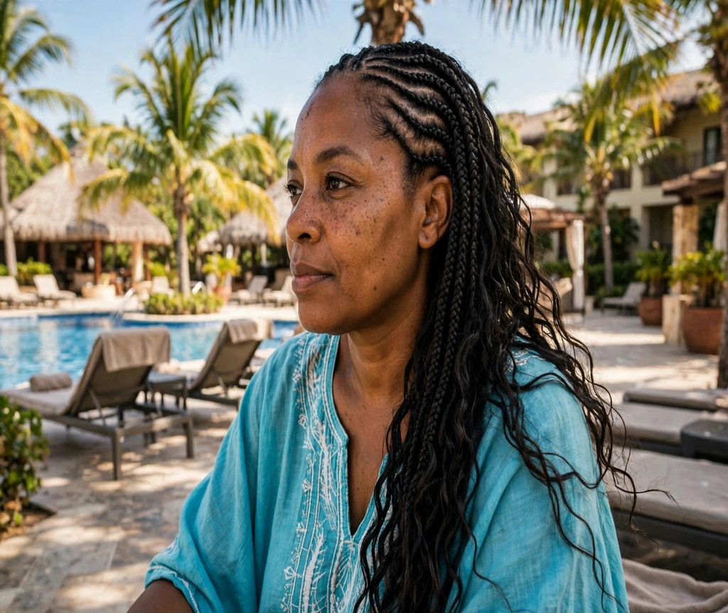 Black woman with wavy feed-in lemonade braids at a resort pool