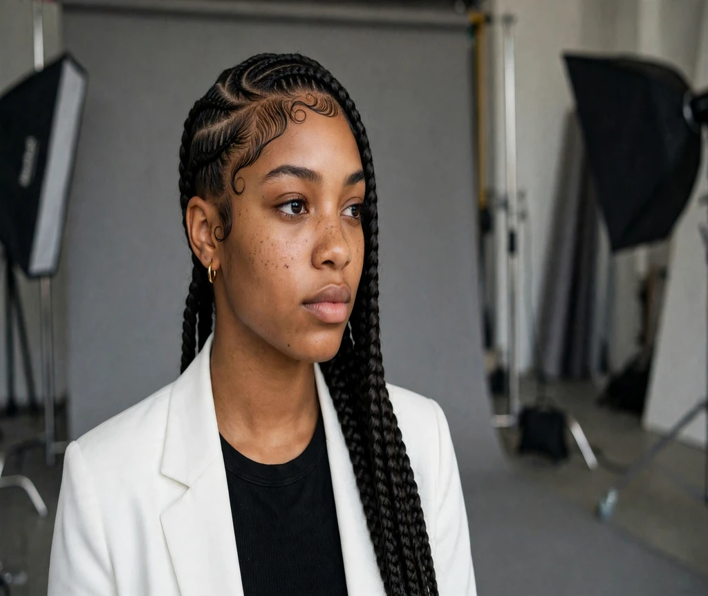 Black woman with sleek edged lemonade braids at a fashion shoot
