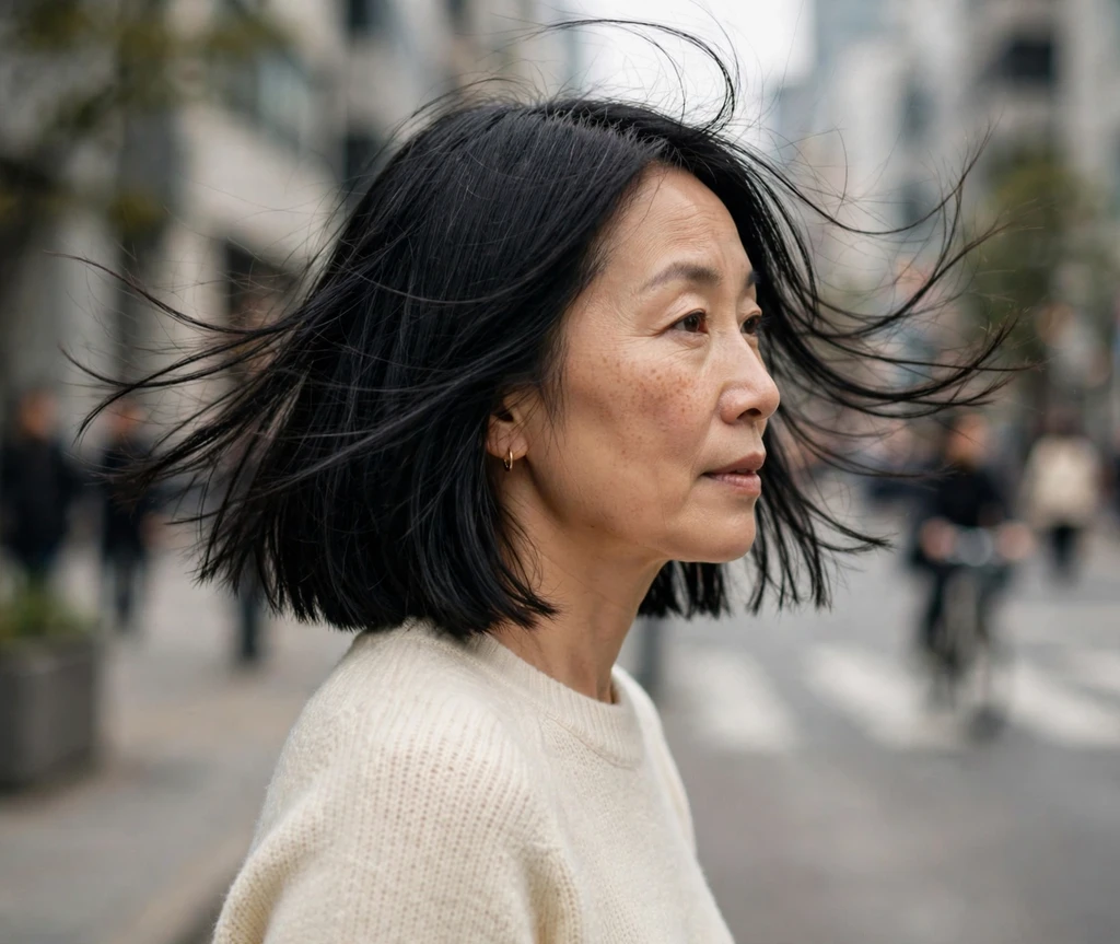 Woman with a textured long bob with feathered ends for thin hair