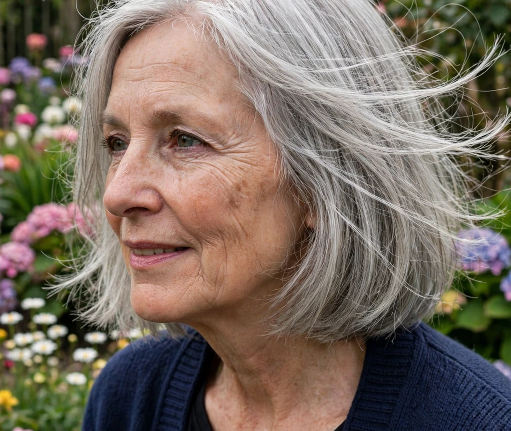 Woman with an angled lob with stacked back for thin hair