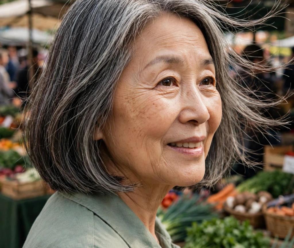 Woman with a long bob with curtain bangs for thin hair