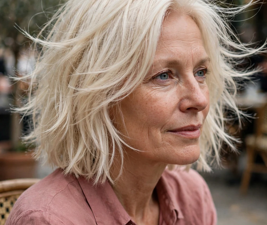 Woman with a long bob with subtle balayage for thin hair
