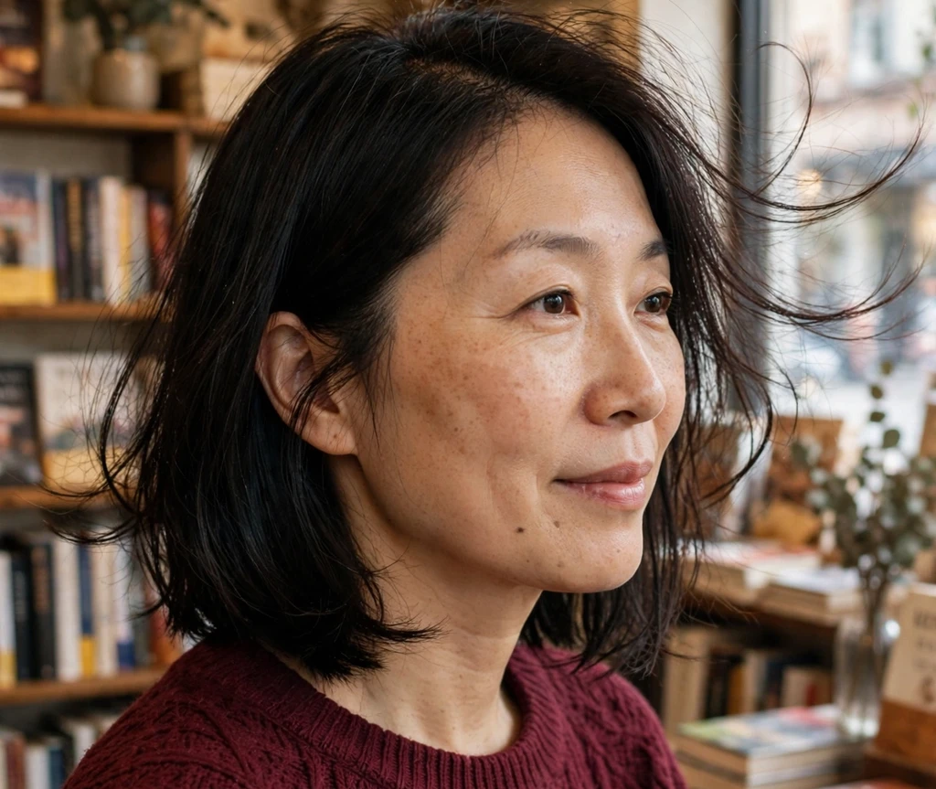 Woman with a bun-friendly layered long bob for thin hair