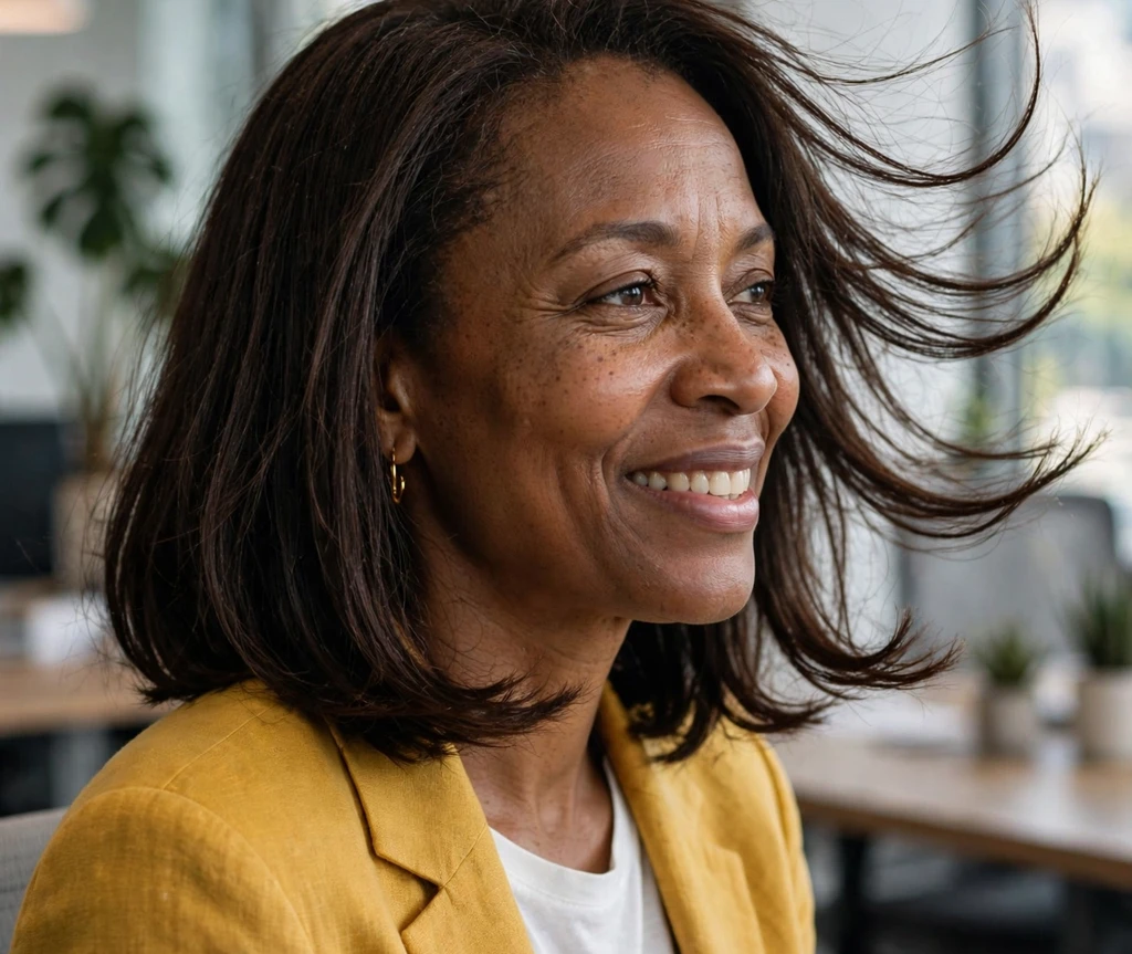 Woman with a dramatic side-part long bob for thin hair