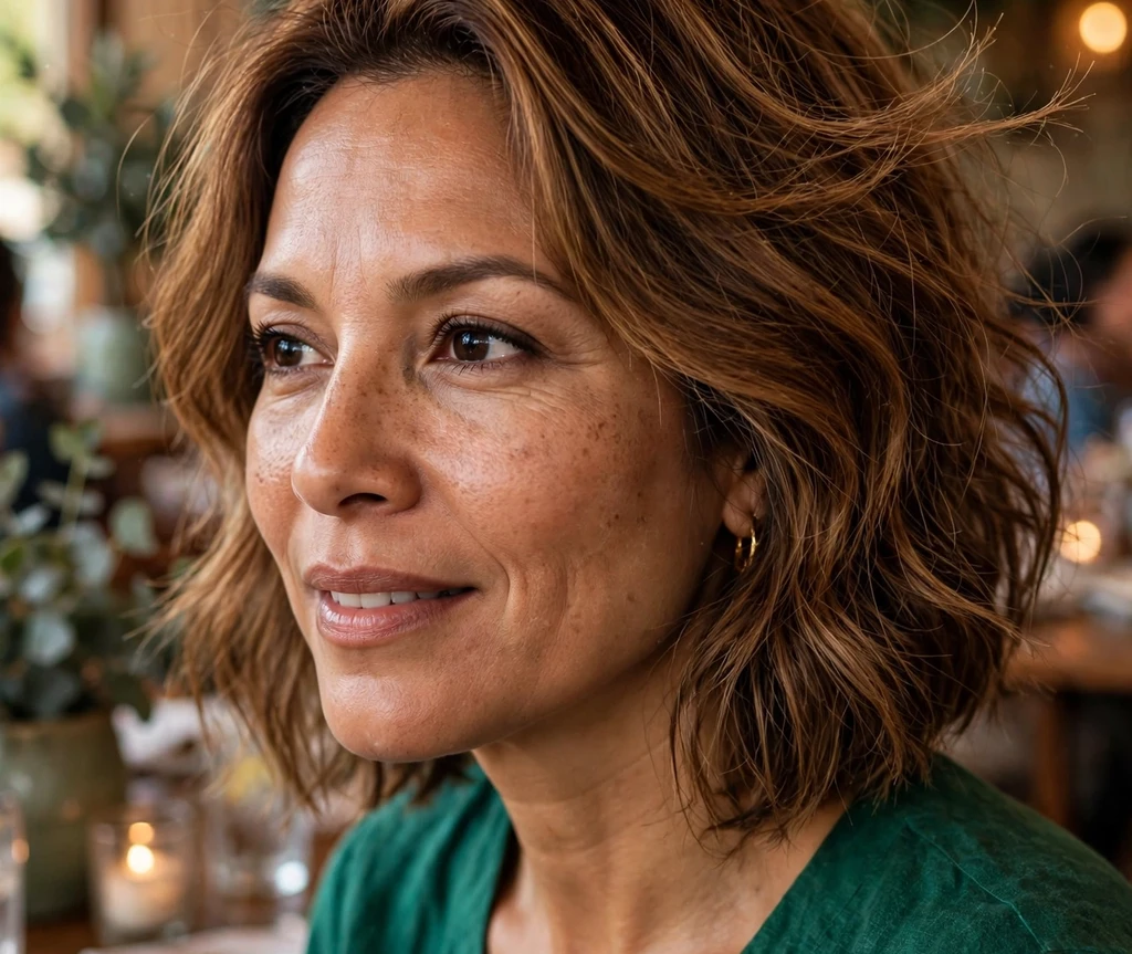 Woman with a long bob with chunky lowlights for thin hair