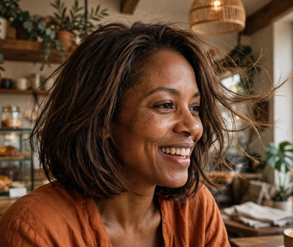 Woman with a long bob with textured fringe for thin hair
