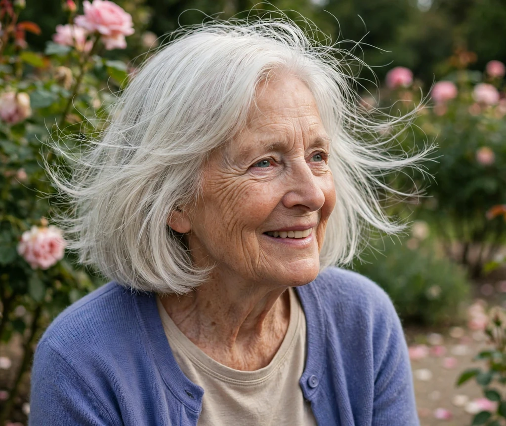Woman with a long bob with soft curled tips for thin hair