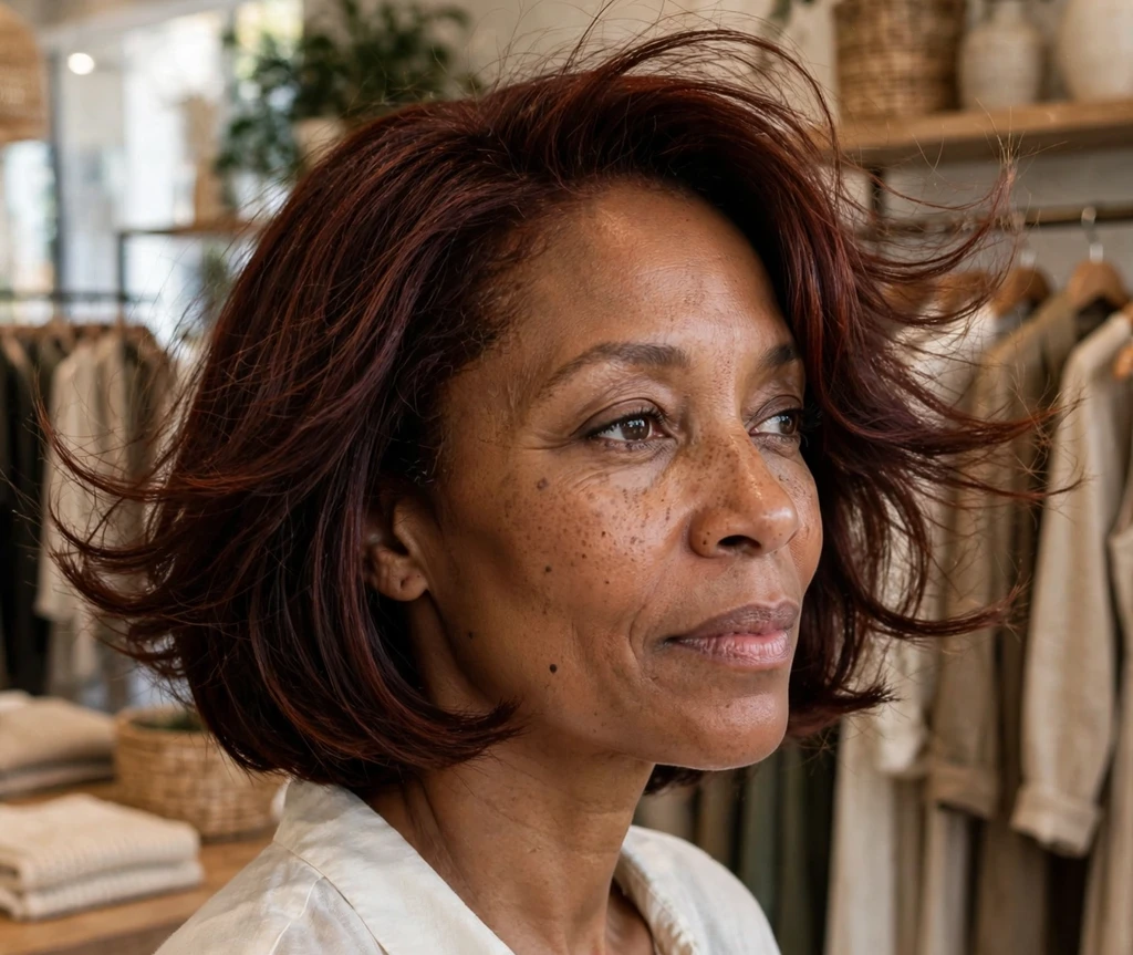 Woman with a honey highlighted long bob for thin hair