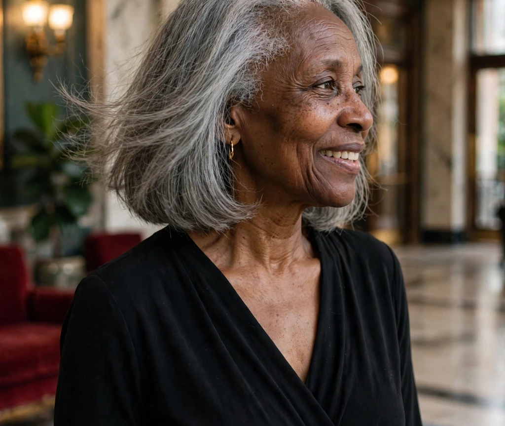 Woman with a tucked-behind-ear long bob for thin hair