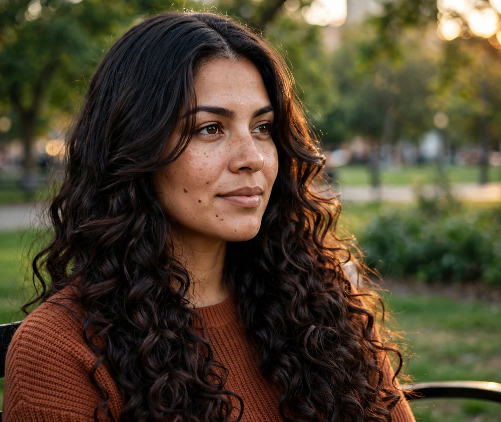 Long glossy dark brown layered ringlets with face-framing layers and a middle part, golden-hour park setting