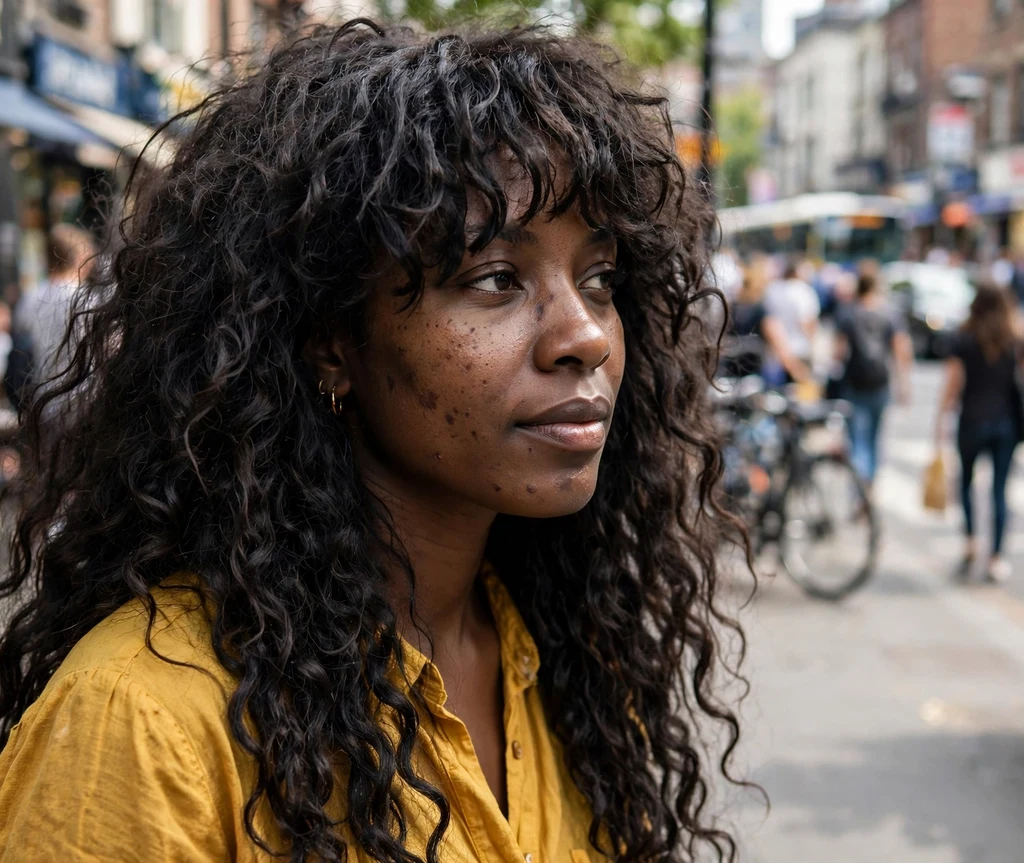 Voluminous long curly shag haircut with choppy layers and curtain fringe on a young woman