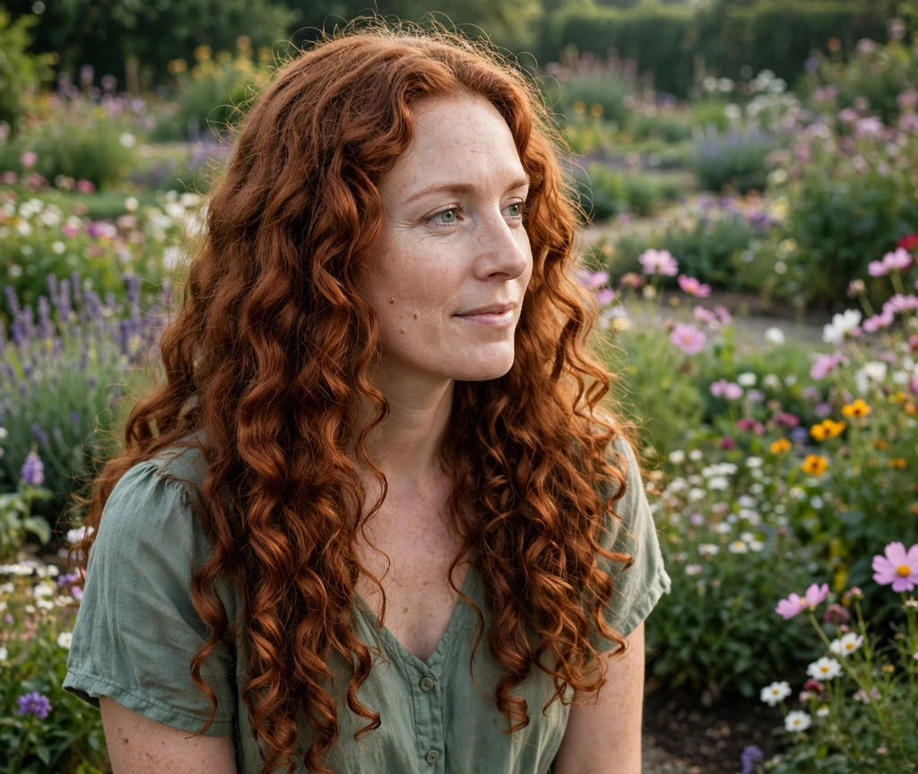 Long copper layered ringlets with center part on a woman in a garden