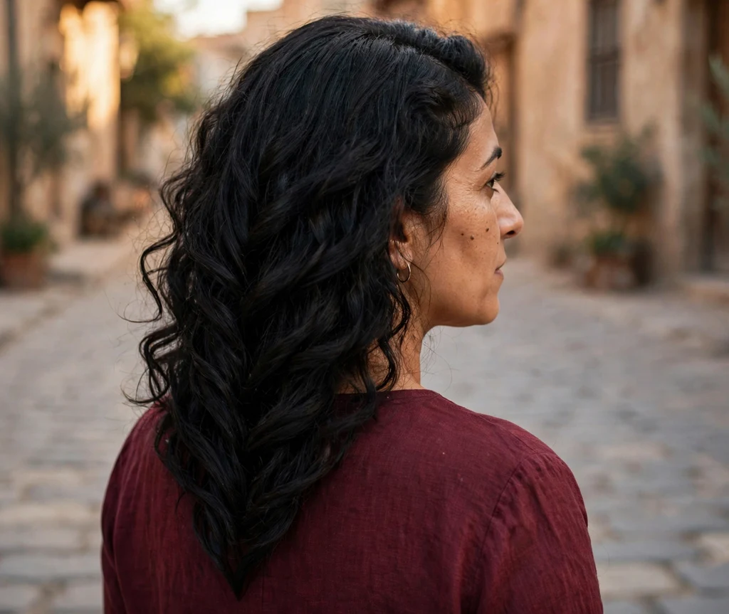 Long jet black layered curls in a V-cut shape viewed from a three-quarter angle