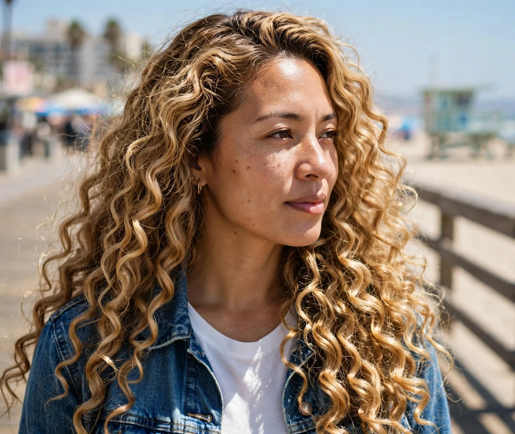 Long honey blonde spiral curls in stacked layers with a deep side part