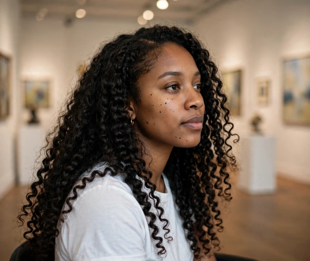 Long defined 3C coils in rounded long layers on a woman in an art gallery