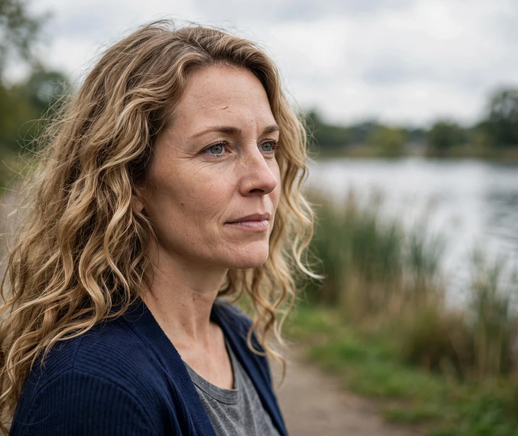 Long dirty blonde loose 2C waves with feathered layers on a lakeside path