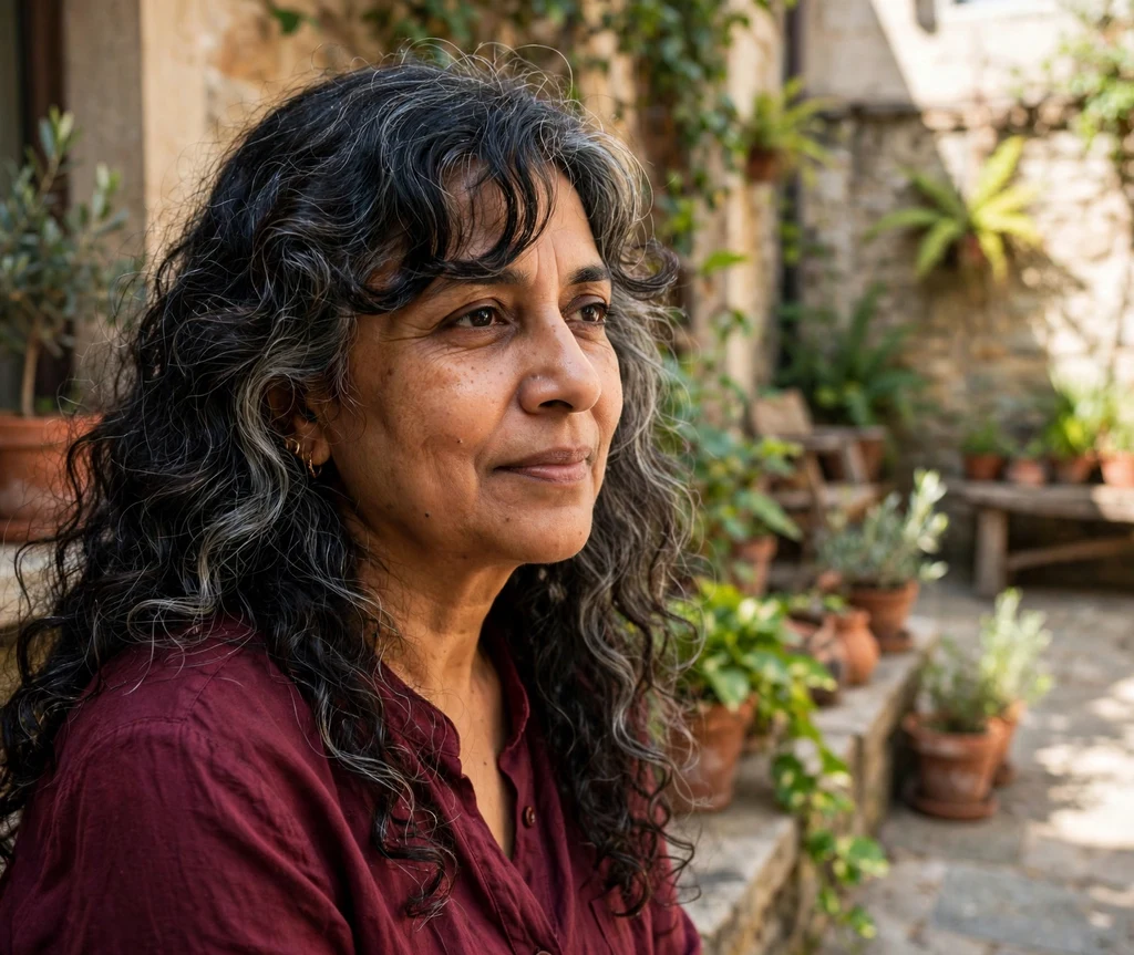 Long dark curly layers with silver streaks and side-swept curly bangs in a courtyard
