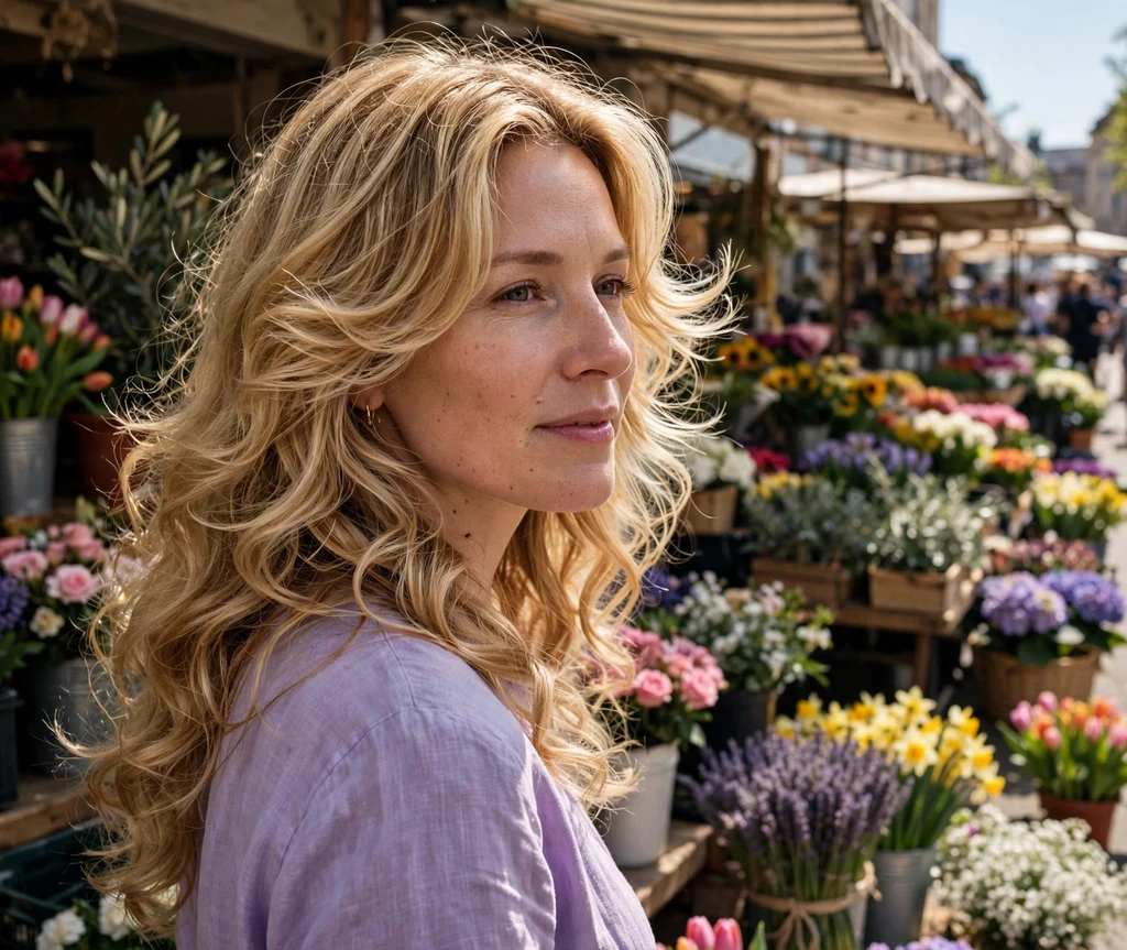 Long golden blonde butterfly layered curls with outward-flipping face-framing layers