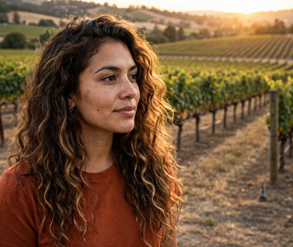 Long chestnut curls with caramel highlights and choppy textured layers in a vineyard