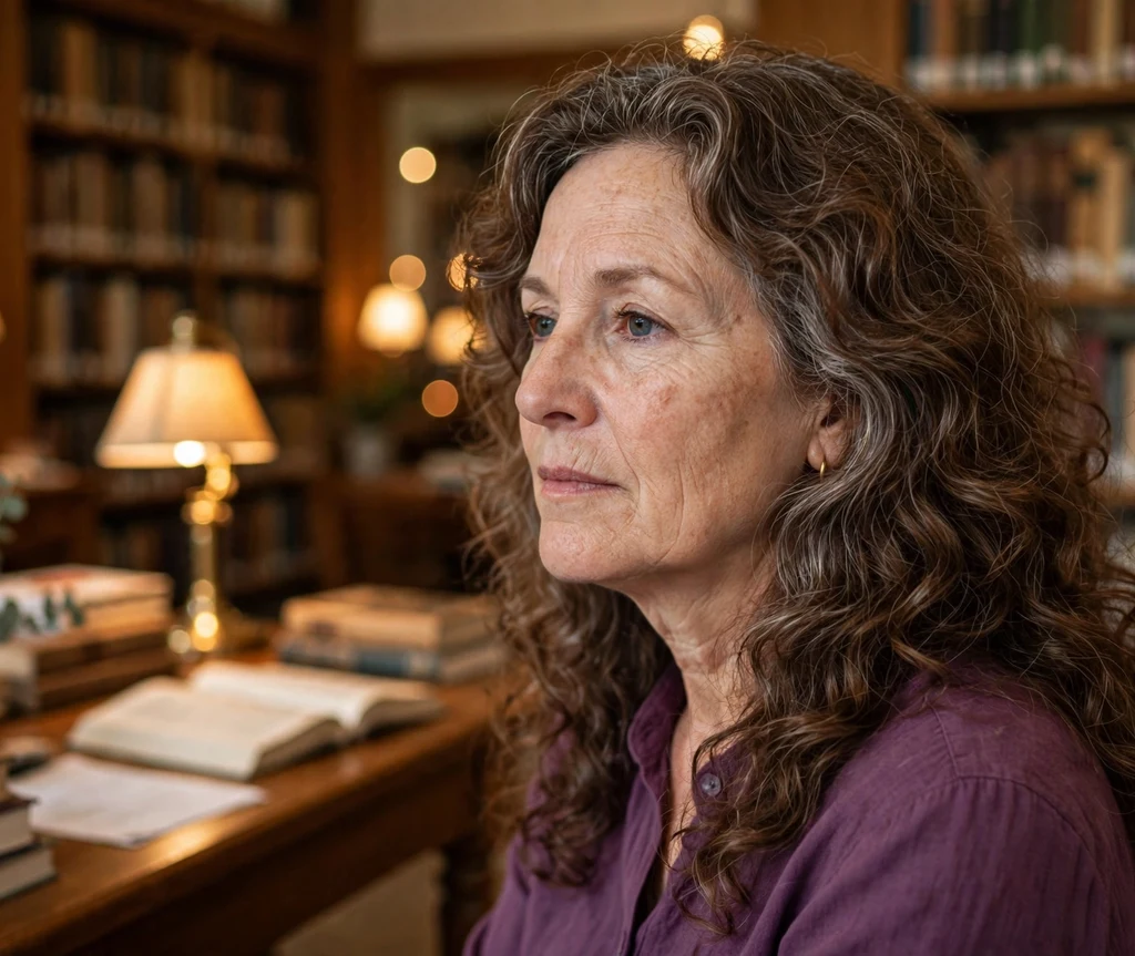 Long brown curly layers with silver streaks cut in a rounded shape for fullness