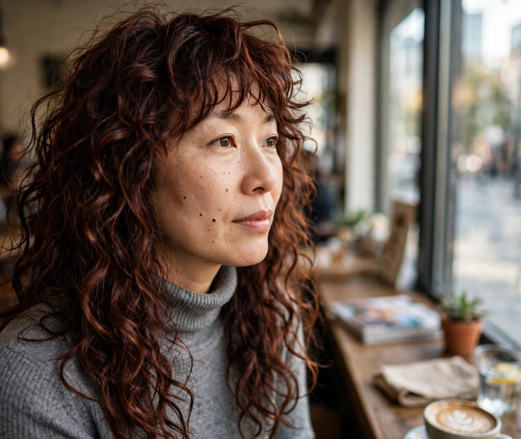 Long dark auburn curls with choppy piecey layers and texture in a coffee shop
