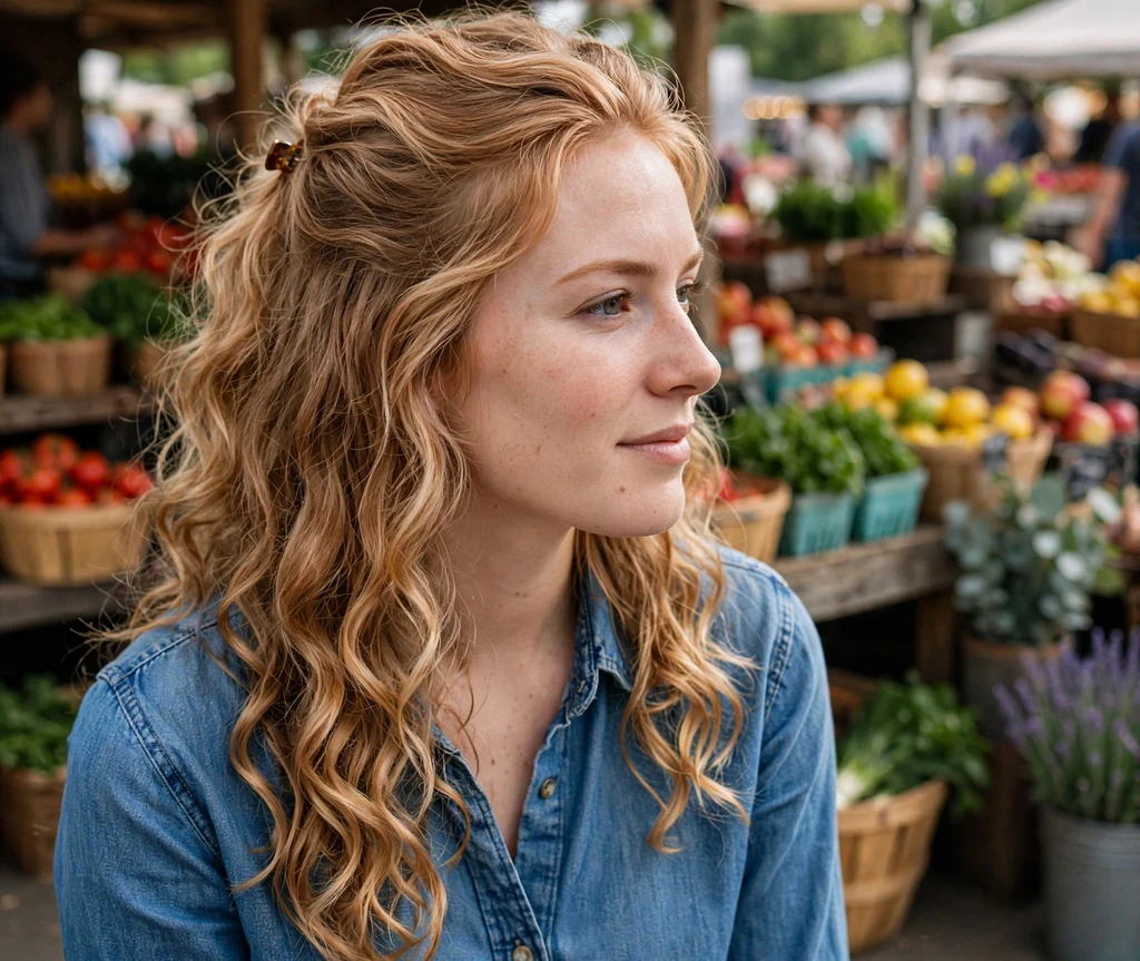 Long strawberry blonde layered curls styled half-up with cascading bottom curls