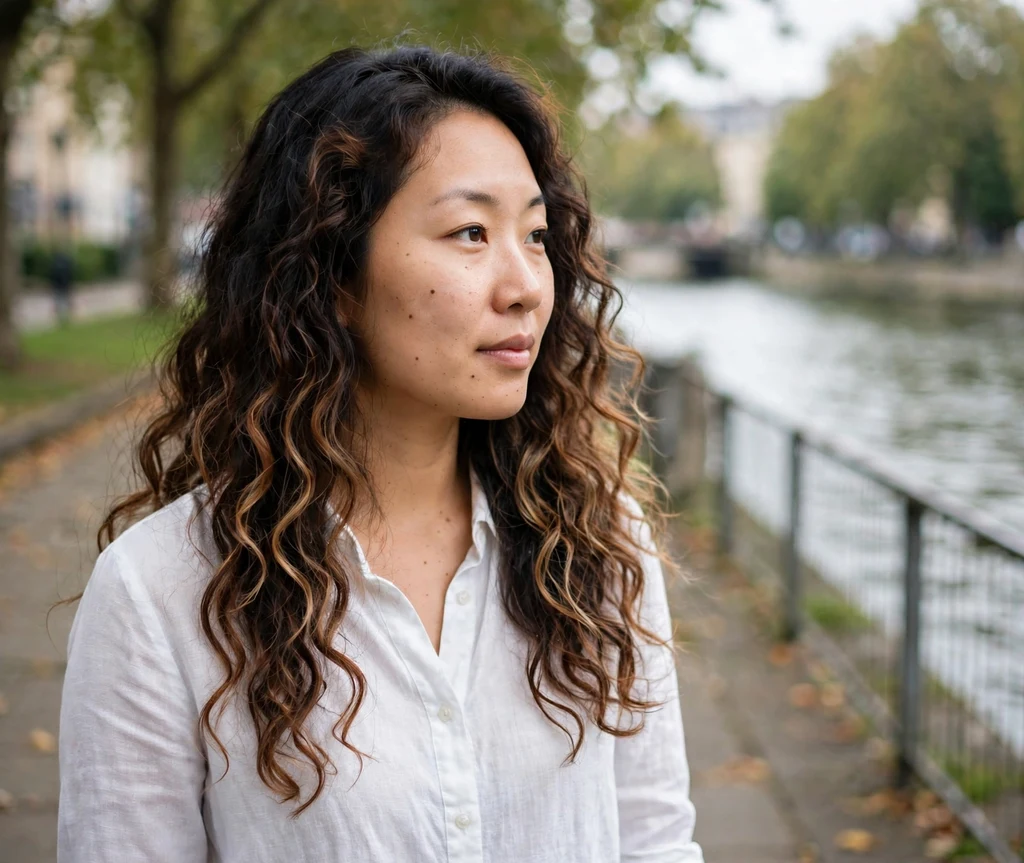 Long dark brown curly layers melting into caramel balayage toward the ends